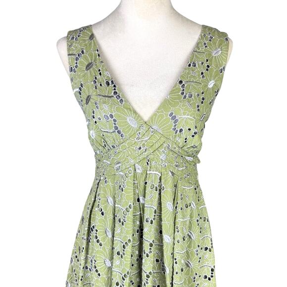 eShakti Sage Green Embroidered Eyelet Floral Fit & Flare Sleeveless Pleat Dress - Picture 4 of 13